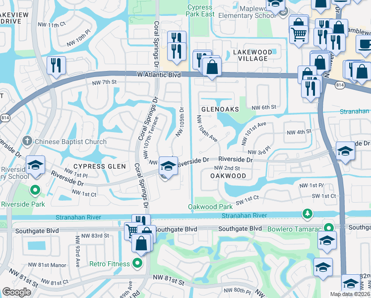 map of restaurants, bars, coffee shops, grocery stores, and more near 303 Northwest 105th Terrace in Coral Springs