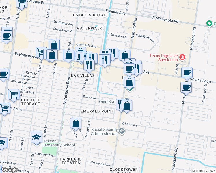 map of restaurants, bars, coffee shops, grocery stores, and more near 3801 North McColl Road in McAllen