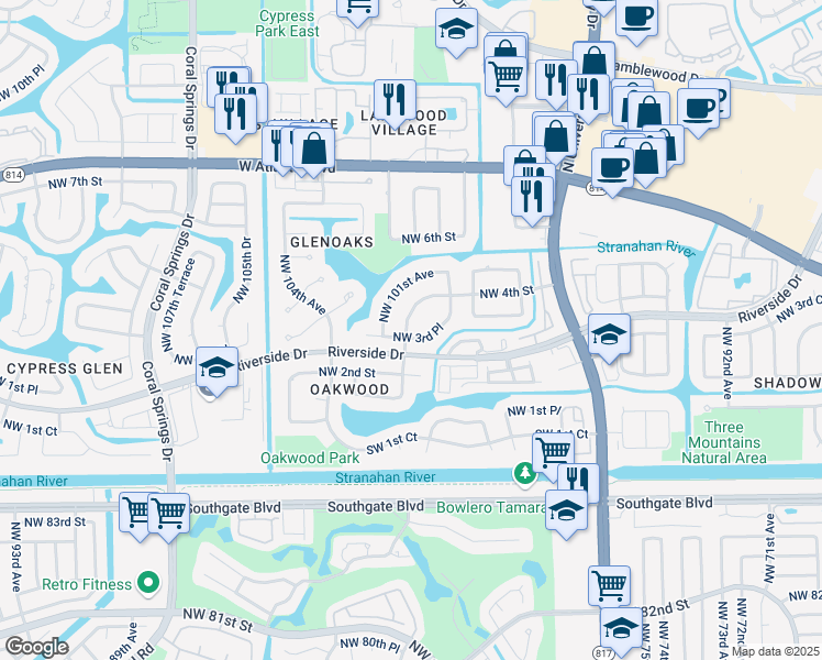 map of restaurants, bars, coffee shops, grocery stores, and more near 311 Northwest 101st Terrace in Coral Springs