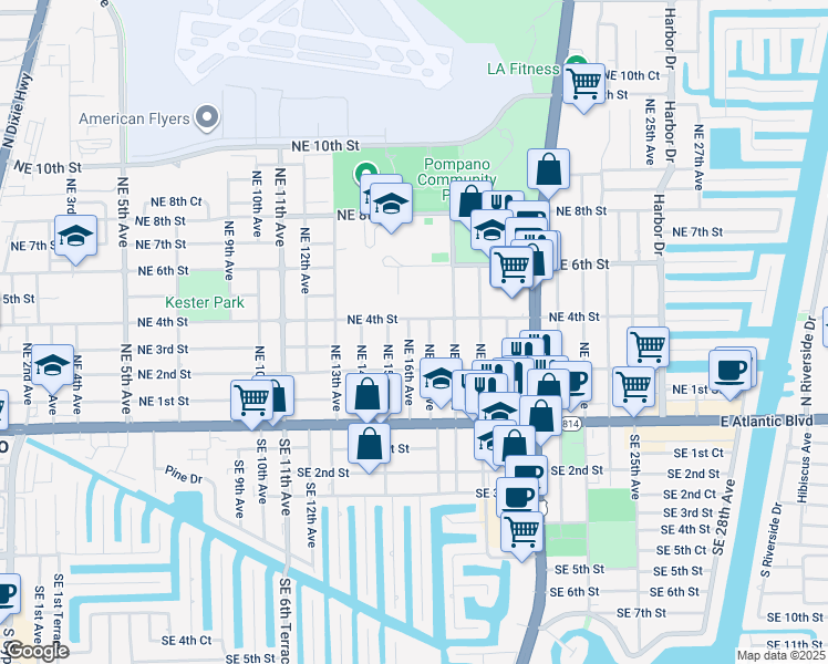 map of restaurants, bars, coffee shops, grocery stores, and more near 228 Northeast 16th Avenue in Pompano Beach