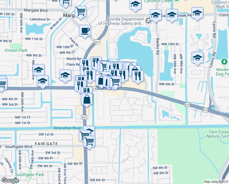 map of restaurants, bars, coffee shops, grocery stores, and more near 5424 West Atlantic Boulevard in Margate
