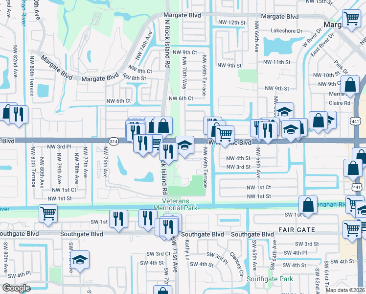 map of restaurants, bars, coffee shops, grocery stores, and more near 437 Northwest 70th Way in Margate