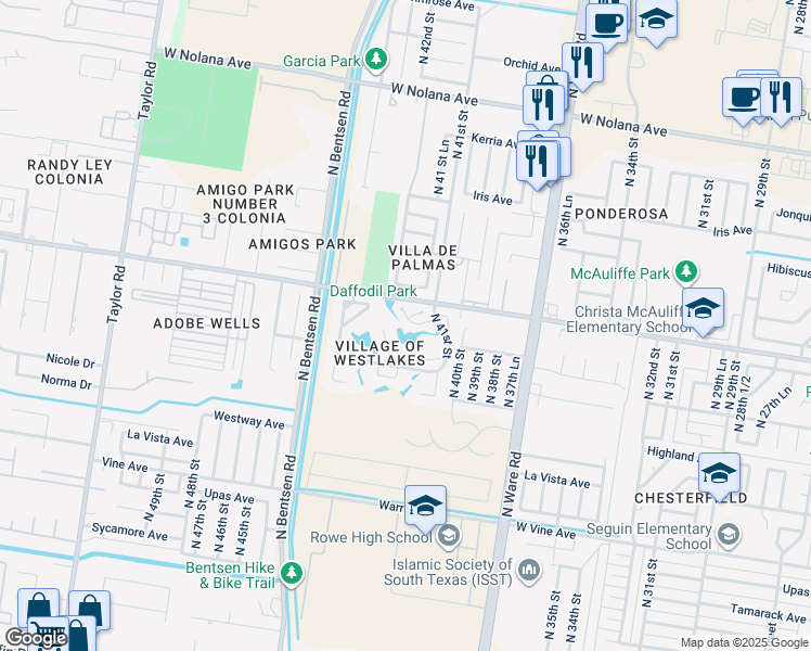 map of restaurants, bars, coffee shops, grocery stores, and more near 4121 Carnation Avenue in McAllen
