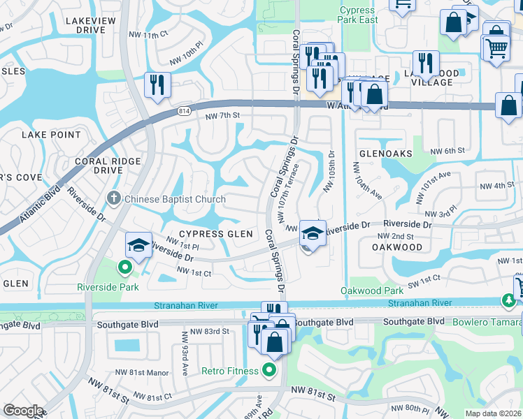 map of restaurants, bars, coffee shops, grocery stores, and more near 305 Northwest 108th Avenue in Coral Springs