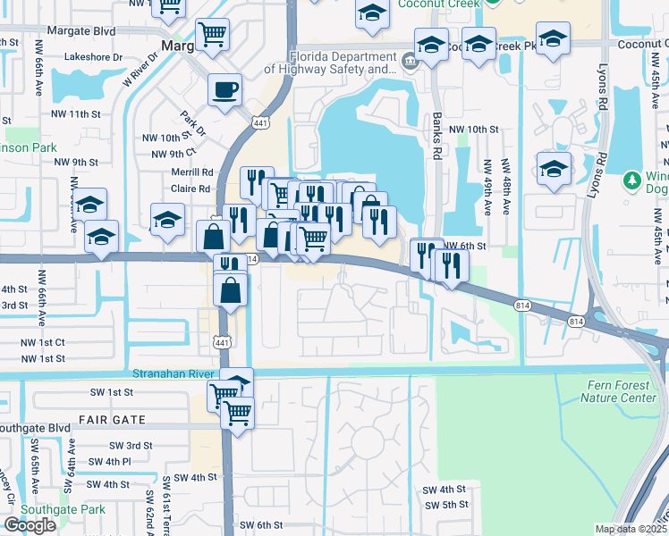 map of restaurants, bars, coffee shops, grocery stores, and more near 453 Lakewood Circle in Margate
