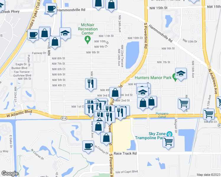 map of restaurants, bars, coffee shops, grocery stores, and more near 2449 Northwest 4th Street in Pompano Beach
