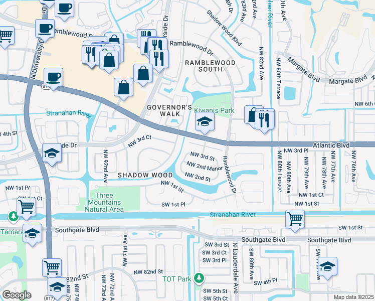 map of restaurants, bars, coffee shops, grocery stores, and more near 8593 Northwest 3rd Street in Coral Springs