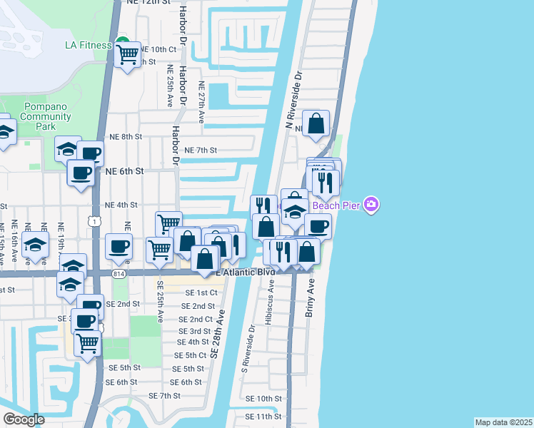 map of restaurants, bars, coffee shops, grocery stores, and more near 201 North Riverside Drive in Pompano Beach