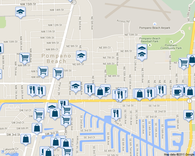map of restaurants, bars, coffee shops, grocery stores, and more near 508 Northeast 4th Street in Pompano Beach