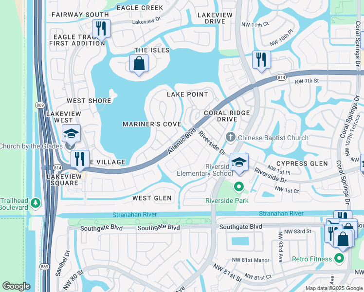 map of restaurants, bars, coffee shops, grocery stores, and more near 11885 Northwest 2nd Manor in Coral Springs
