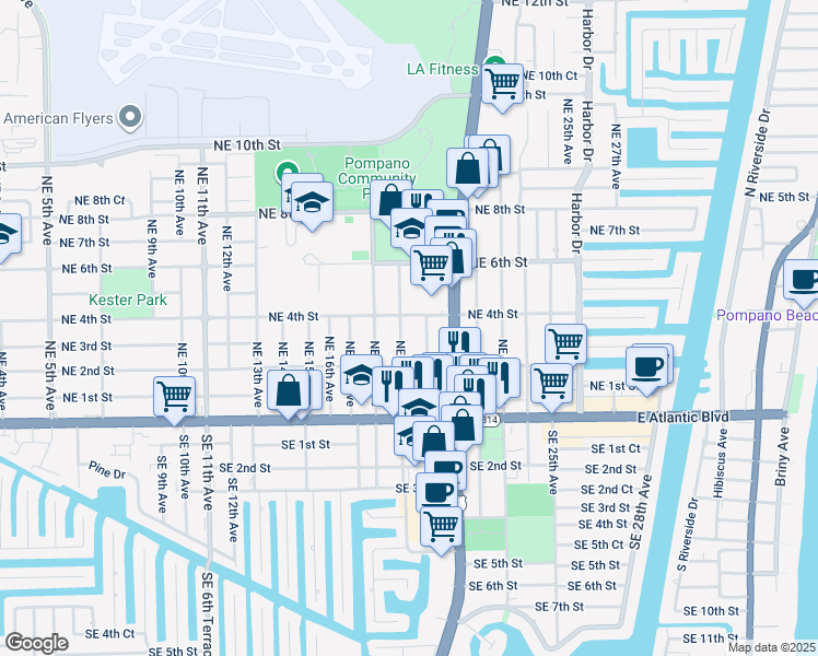 map of restaurants, bars, coffee shops, grocery stores, and more near 232 Northeast 19th Avenue in Pompano Beach