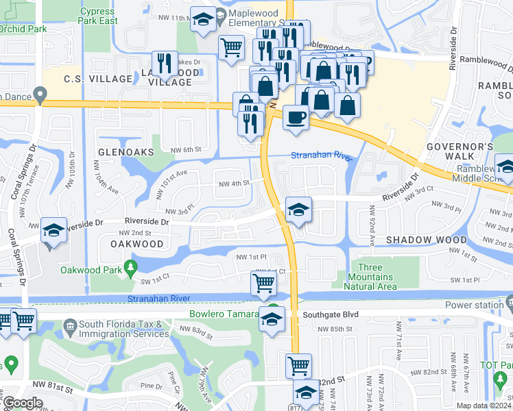 map of restaurants, bars, coffee shops, grocery stores, and more near 9625 Riverside Drive in Coral Springs