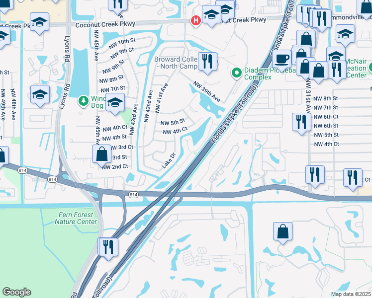 map of restaurants, bars, coffee shops, grocery stores, and more near 351 Sunshine Drive in Coconut Creek