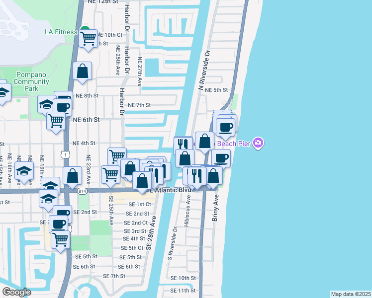 map of restaurants, bars, coffee shops, grocery stores, and more near 201 North Riverside Drive in Pompano Beach
