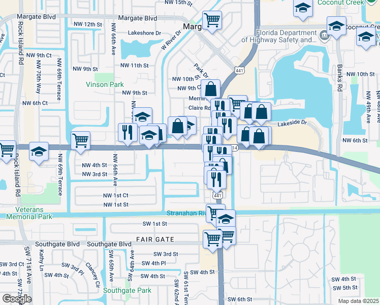 map of restaurants, bars, coffee shops, grocery stores, and more near 6100 West Atlantic Boulevard in Margate