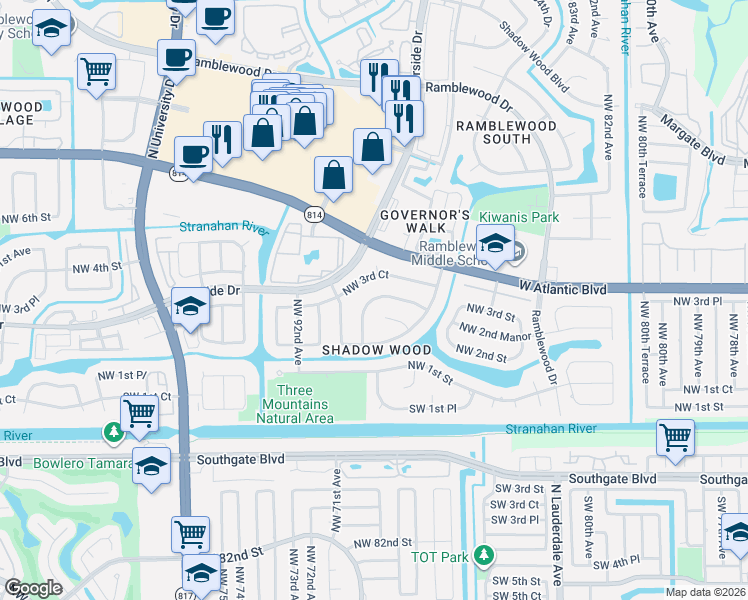 map of restaurants, bars, coffee shops, grocery stores, and more near 282 Northwest 89th Avenue in Coral Springs