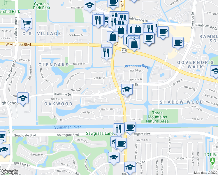 map of restaurants, bars, coffee shops, grocery stores, and more near 9700 Northwest 3rd Manor in Coral Springs