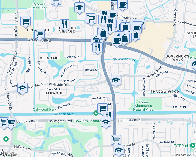 map of restaurants, bars, coffee shops, grocery stores, and more near 9700 Northwest 3rd Manor in Coral Springs