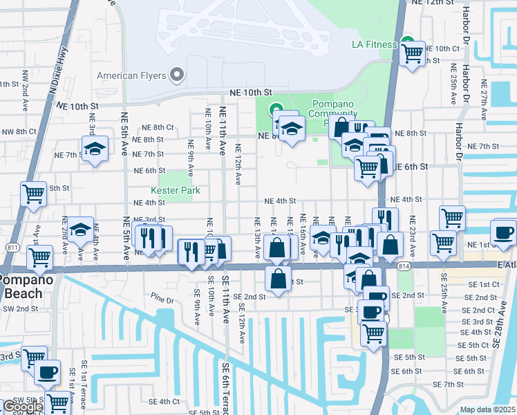map of restaurants, bars, coffee shops, grocery stores, and more near 308 Northeast 13th Avenue in Pompano Beach