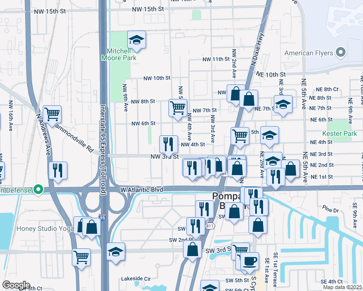 map of restaurants, bars, coffee shops, grocery stores, and more near 421 Northwest 4th Street in Pompano Beach