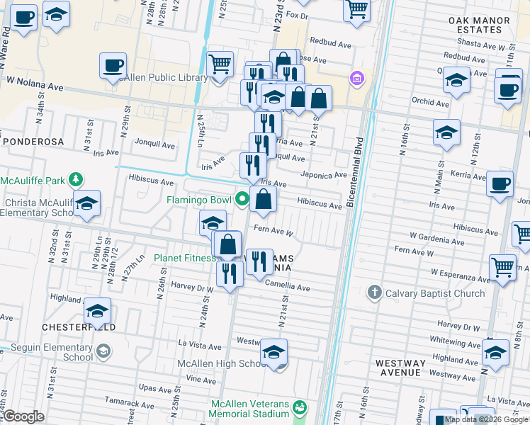 map of restaurants, bars, coffee shops, grocery stores, and more near 2216 Fern Avenue West in McAllen