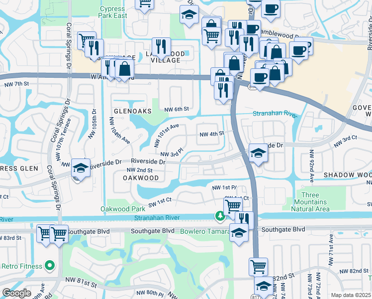 map of restaurants, bars, coffee shops, grocery stores, and more near 9924 Northwest 3rd Place in Coral Springs