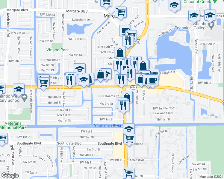 map of restaurants, bars, coffee shops, grocery stores, and more near 6100 West Atlantic Boulevard in Margate