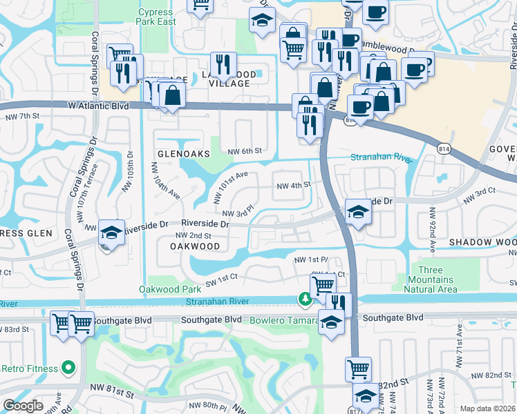 map of restaurants, bars, coffee shops, grocery stores, and more near 9924 Northwest 3rd Place in Coral Springs