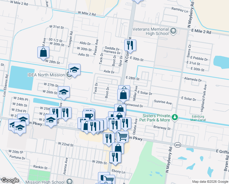 map of restaurants, bars, coffee shops, grocery stores, and more near 107 Stagecoach Drive in Mission