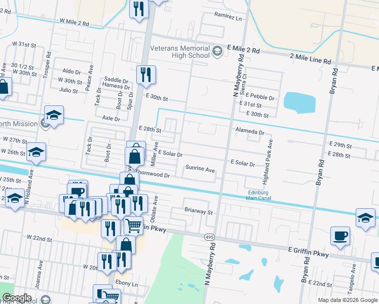map of restaurants, bars, coffee shops, grocery stores, and more near 401 Solar Drive in Mission