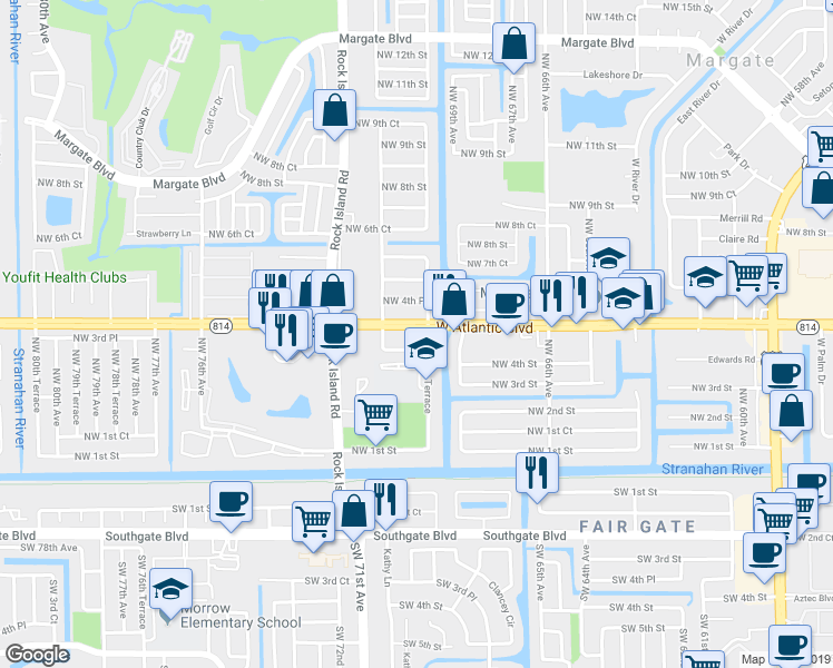 map of restaurants, bars, coffee shops, grocery stores, and more near 6924 West Atlantic Boulevard in Margate