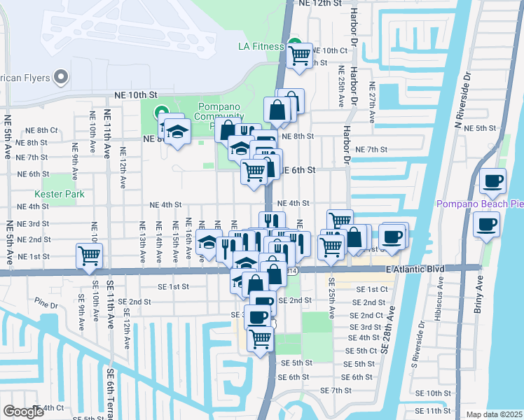 map of restaurants, bars, coffee shops, grocery stores, and more near 255 North Federal Highway in Pompano Beach