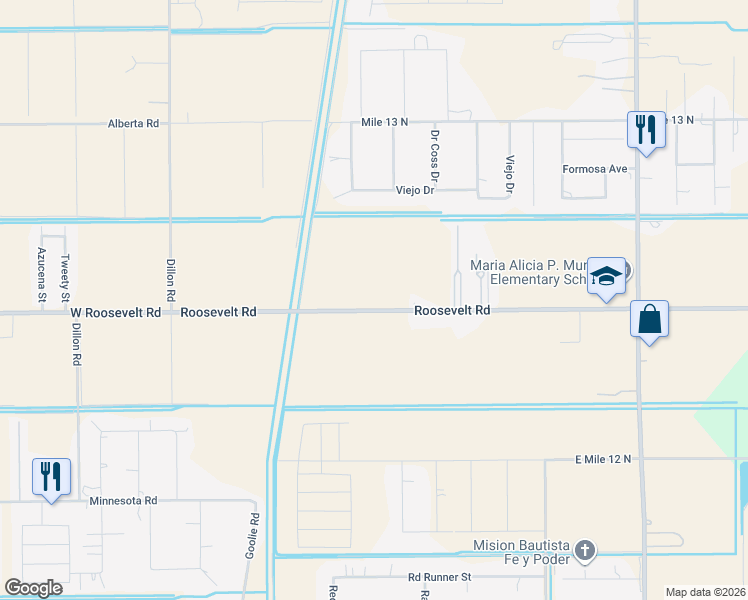 map of restaurants, bars, coffee shops, grocery stores, and more near 917 East Roosevelt Road in Donna