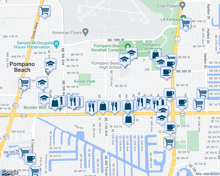 map of restaurants, bars, coffee shops, grocery stores, and more near 1160 Northeast 4th Street in Pompano Beach