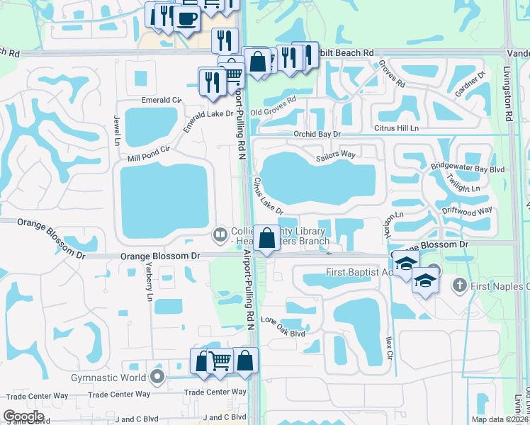 map of restaurants, bars, coffee shops, grocery stores, and more near 2524 Citrus Lake Drive in Naples