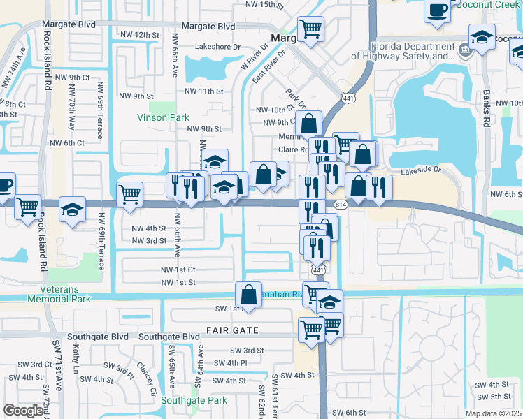 map of restaurants, bars, coffee shops, grocery stores, and more near 6260 West Atlantic Boulevard in Margate