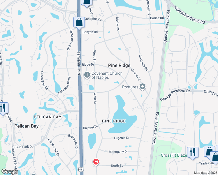 map of restaurants, bars, coffee shops, grocery stores, and more near 107 Myrtle Road in Naples