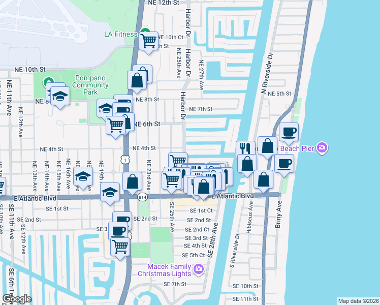 map of restaurants, bars, coffee shops, grocery stores, and more near 2612 Northeast 4th Street in Pompano Beach