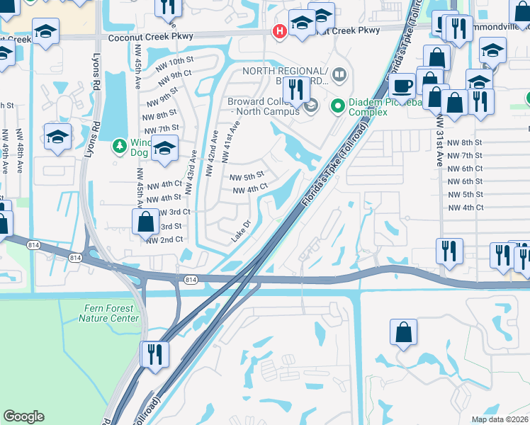 map of restaurants, bars, coffee shops, grocery stores, and more near 351 Sunshine Drive in Coconut Creek