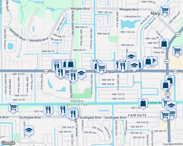 map of restaurants, bars, coffee shops, grocery stores, and more near 6924 West Atlantic Boulevard in Margate