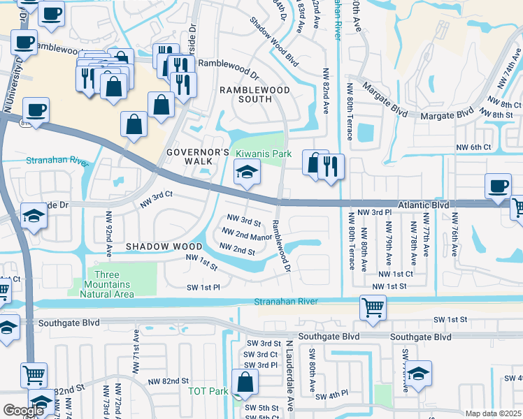 map of restaurants, bars, coffee shops, grocery stores, and more near 8404 Shadow Court in Coral Springs