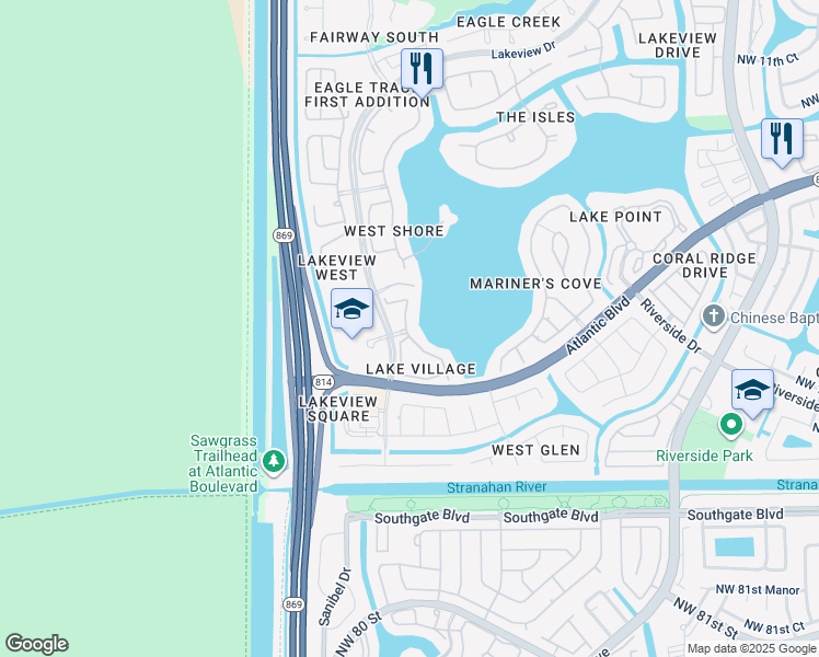 map of restaurants, bars, coffee shops, grocery stores, and more near 555 Lakeview Drive in Coral Springs