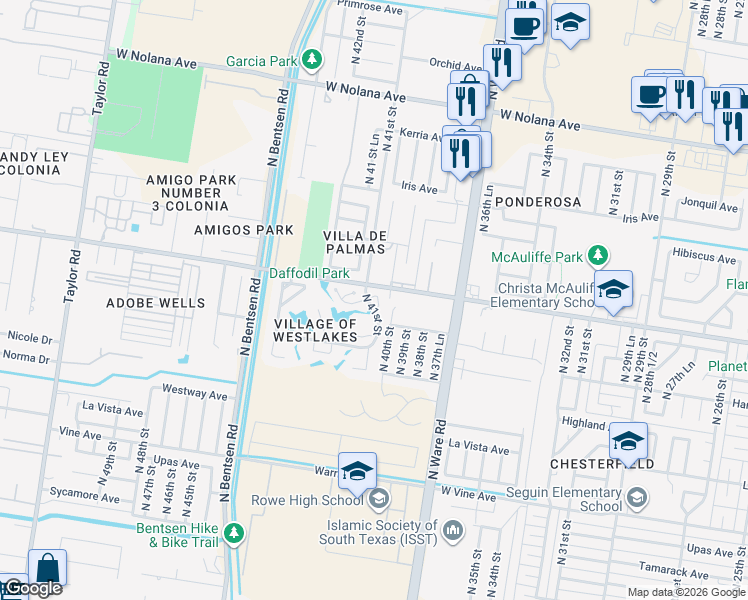 map of restaurants, bars, coffee shops, grocery stores, and more near 4015 Carnation Circle in McAllen