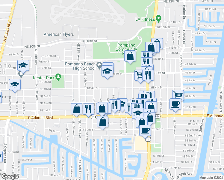map of restaurants, bars, coffee shops, grocery stores, and more near 231 Northeast 16th Avenue in Pompano Beach