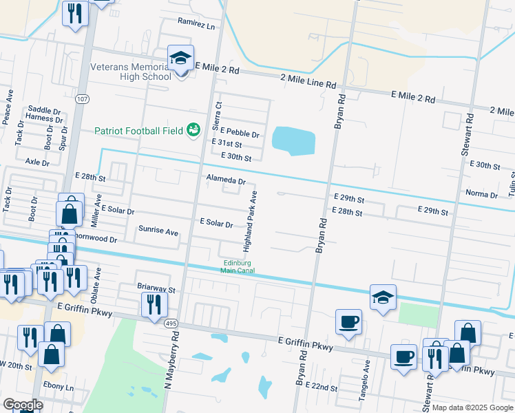 map of restaurants, bars, coffee shops, grocery stores, and more near 2807 Bryan Road in Mission