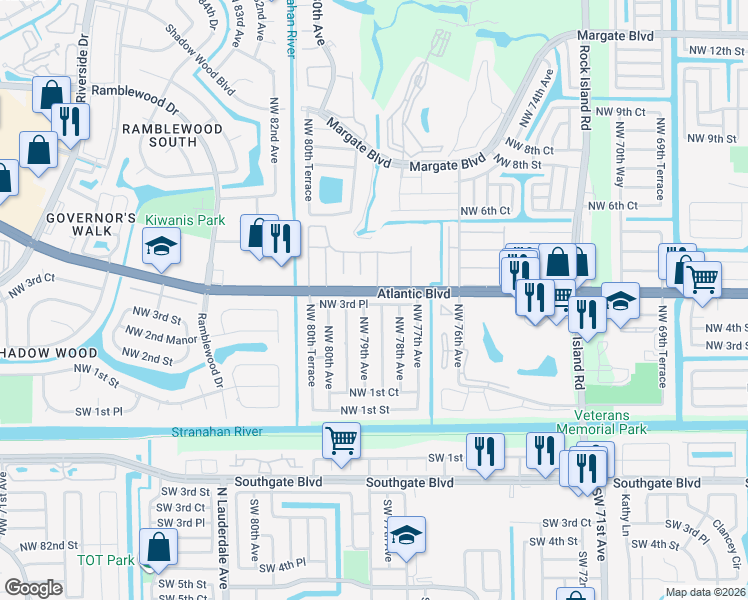 map of restaurants, bars, coffee shops, grocery stores, and more near 7871 Northwest 3rd Place in Margate