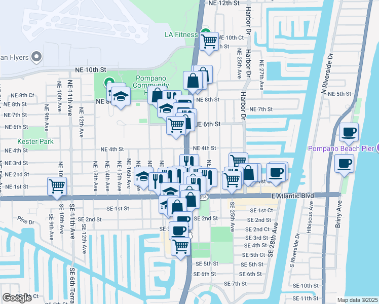 map of restaurants, bars, coffee shops, grocery stores, and more near 255 North Federal Highway in Pompano Beach