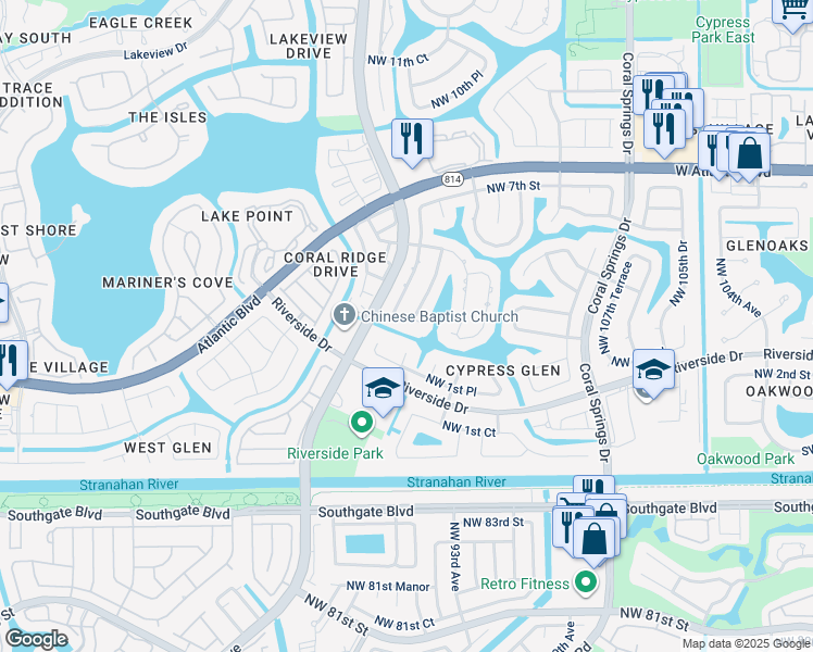 map of restaurants, bars, coffee shops, grocery stores, and more near 195 Northwest 114th Lane in Coral Springs
