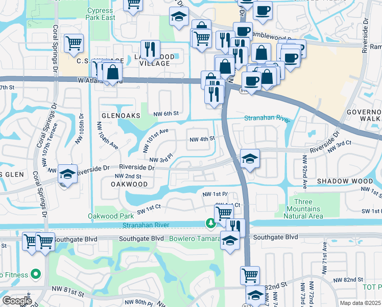 map of restaurants, bars, coffee shops, grocery stores, and more near 9780 Northwest 3rd Manor in Coral Springs