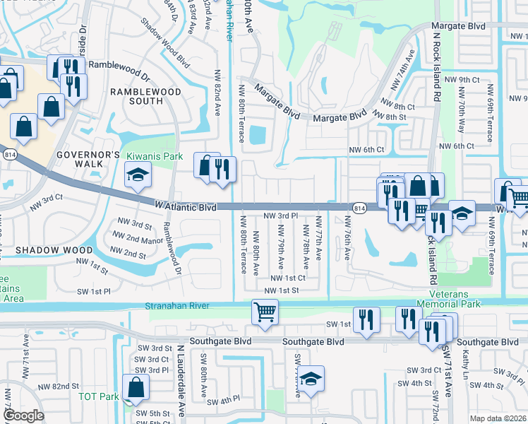 map of restaurants, bars, coffee shops, grocery stores, and more near 7971 Northwest 3rd Place in Margate